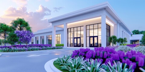 exterior of modern warehouse with glass windows and entrance decorate with purple flower plant