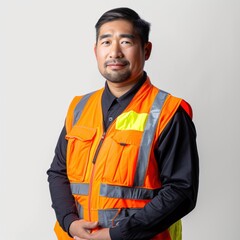 Warehouse manager training new staff, explaining procedures, wearing a professional outfit and safety vest, Portrait half-body, hyper-realistic, high detail, photorealistic, white background, studio