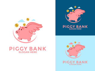 Fototapeta premium Piggy bank logo vector icon, savings and investment logo concept, Piggy Bank with wings logo template