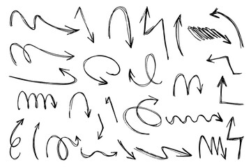 Set of hand drawn arrows with curvy lines. Colorful dry brush strokes with grunge. Hand drawn isolated wavy pointers.