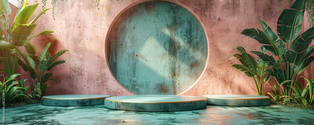 Poster modern podium with green background and circle stone elements in exotic setting
