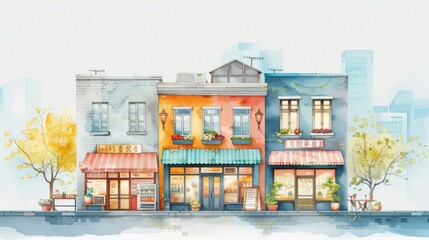 IIllustration, watercolor, soft colors, white background, wide angle shot of buildings in a city center 