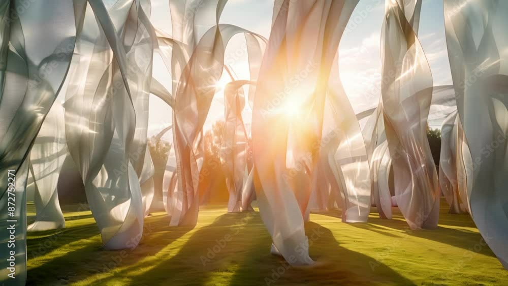 Poster thin strips of fabric intertwine with a collection of towering metal statues creating an otherworldl