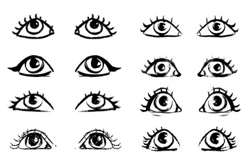 Hand drawn eyes set in cartoon doodle style. Hand brushes eyes black ink eyes on white background