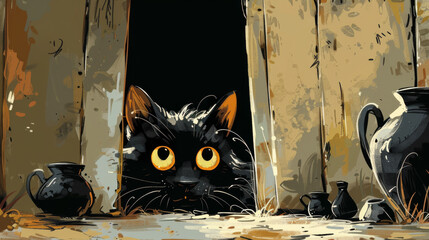 Curious Black Cat Peeking Through an Old Wall