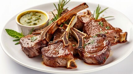 A plate of tender lamb chops, garnished with rosemary and served with a side of mint sauce. Isolated on pure white background