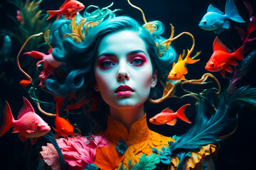 Fototapeta premium Woman with Blue Hair and Fish Surrounding Her