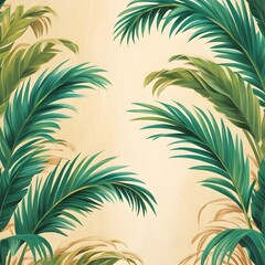 A tropical wallpaper illustration in digital art, depicting lush palm leaves in vibrant green hues, gently swaying in an invisible breeze, set against a warm cream-colored background with subtle 