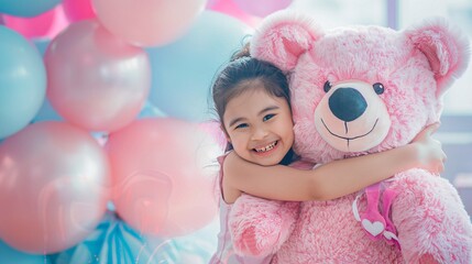 Fototapeta premium Highly detailed image of a girl hugging a giant stuffed animal she received as a surprise birthday gift