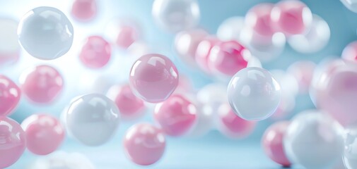 Floating pink and white bubbles in a soft blue background, creating a dreamy and whimsical atmosphere, perfect for backgrounds and designs.