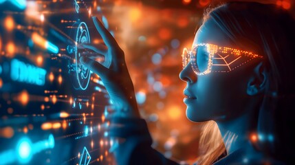 The word "INVESTMENT" is projected onto a businesswoman's hand and a tech screen, highlighting business promotion and financial themes. This versatile image can be used for business wallpaper, PPT pre