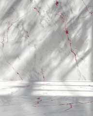 White marble with red veins, light shadows, empty room for product background