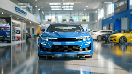 Close up of a modern blue car in a car dealership. Car suitable for automotive industry promotions. Blurred multicolored cars at background. Selective focus. Generative AI.