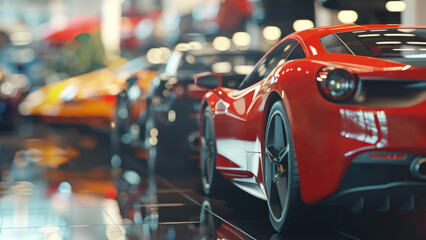 Close up of a modern red car in a car dealership. Car suitable for automotive industry promotions. Back view of a red car. Blurred background. Selective focus. Generative AI.