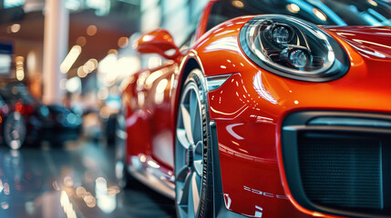  Close up of a modern red car in a car dealership. Car suitable for automotive industry promotions. Blurred background. Selective focus. Generative AI.