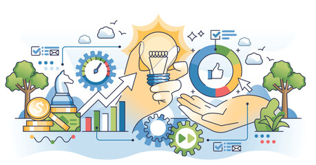 Business strategy examples for development planning outline hands concept. Successful company growth with strong leadership and vision vector illustration. Work performance and productivity boost.