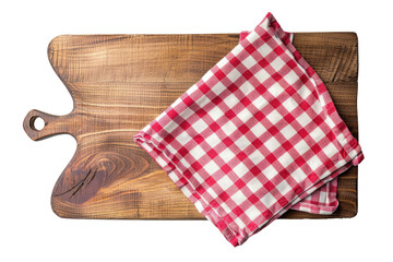 wooden cutting board with red check napkin isolated on white or transparent png