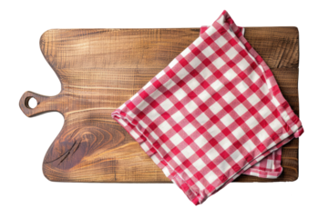 wooden cutting board with red check napkin isolated on white or transparent png