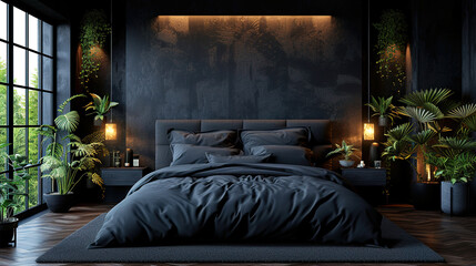 Luxurious modern beautiful black bedroom interior design
