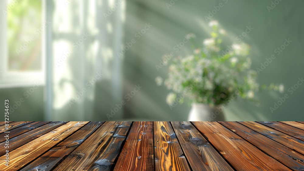 Poster empty wood table top with blur background of window with home garden view. the table giving copy spa