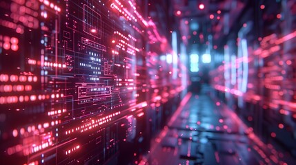 Naklejka premium Futuristic Holographic Data Visualization in Neon Digital Tech Background