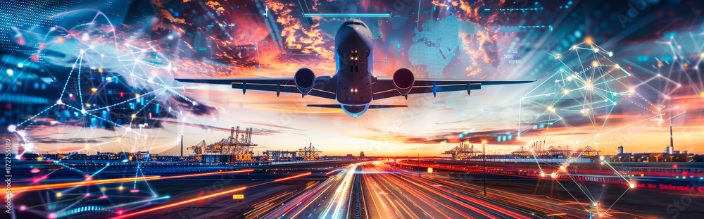 Poster an airplane takes flight above a cityscape, with a network of data points connecting various element