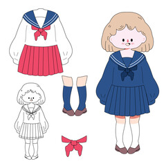 set of girls, Back to school, a school uniform, cute student
