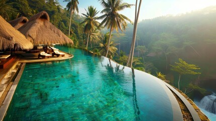 Obraz premium Immerse yourself in an exotic oasis in Bali, featuring a tropical swimming pool set amidst stunning views of Indonesia’s enchanting island.