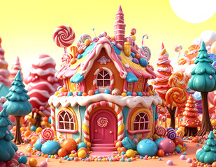 3d model, A colorful, whimsical candy house with a large cake on top, surrounded by lollipops, gumdrops, and other sweets in a fantasy landscape