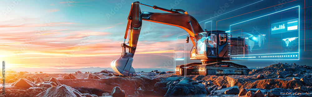 Poster a powerful excavator is shown working in a rock field, surrounded by digital data visualizations