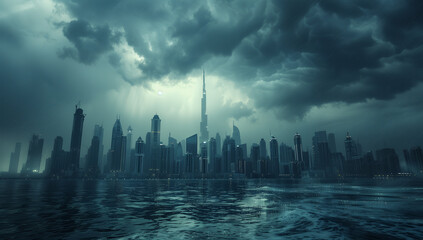 Rainy weather in Dubai downtown.