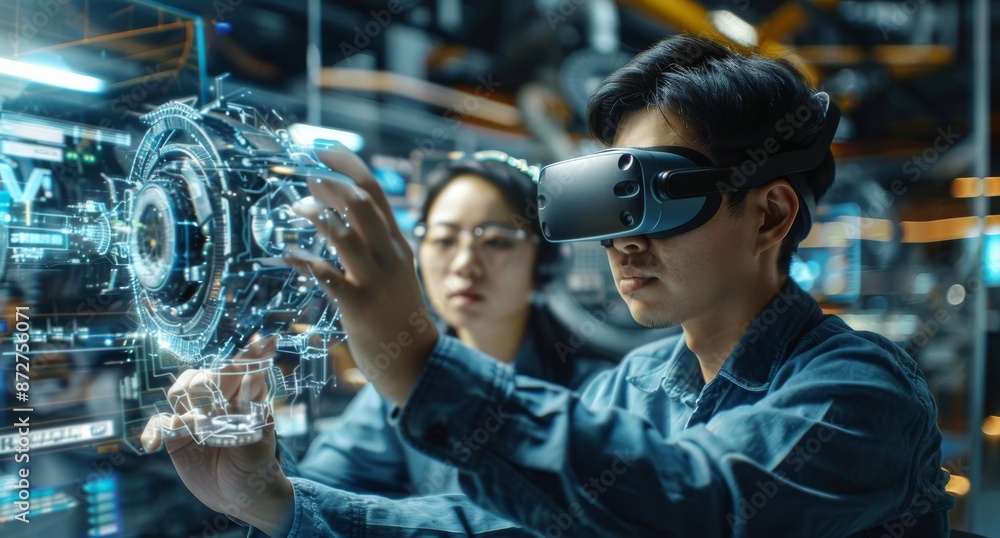 Poster asian engineers interact with virtual reality technology in a high-tech lab