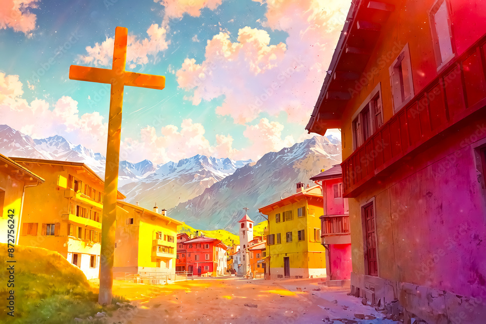 Wall mural Cross in a Small Town in the Alps