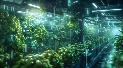 Futuristic Interconnected Agricultural Setup with Vibrant Greens and Sensor-Driven Systems