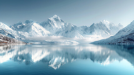 A serene winter landscape with snow-covered mountains reflecting in the calm waters of an ice lake