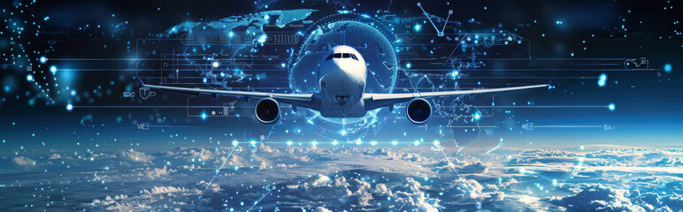 A futuristic plane, its sleek design bathed in the glow of a digital map, flies through a sky filled with data streams and connections
