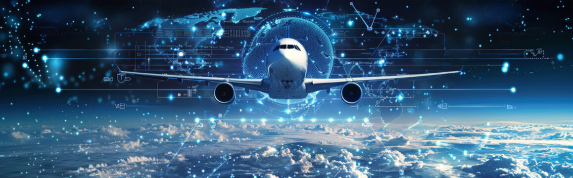 A futuristic plane, its sleek design bathed in the glow of a digital map, flies through a sky filled with data streams and connections - Powered by Adobe
