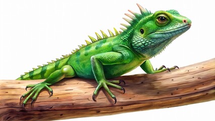 Fototapeta premium A vibrant green lizard with spiky scales perches on a weathered wooden branch, its piercing eyes scanning the surrounding tropical foliage in bright sunlight.