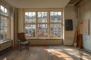 Interior view of an old school classroom with a large window.