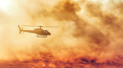 Fototapeta na wymiar A helicopter flies through a swirling cloud of dust in the desert, its silhouette visible against the golden light