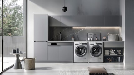 Fototapeta premium Modern Laundry Room with Gray Cabinets and Stainless Steel Appliances