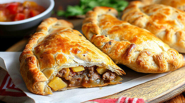 Delicious home baked Cornish pasties with minced meat and vegetables. Traditional specialty of British cuisine