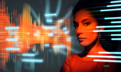 Woman with digital data overlay on face in futuristic environment