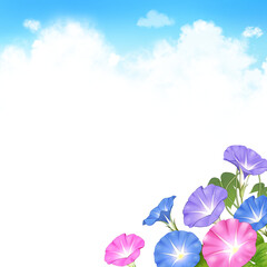 朝顔　入道雲　水彩画　素材　和　和風　枠　晴れ　涼しい　おしゃれ　シンプル　風物詩　キャンペーン　レジャー　暑中見舞い　お中元　正方形