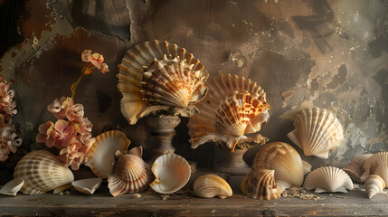 A collection of shells are arranged on a table