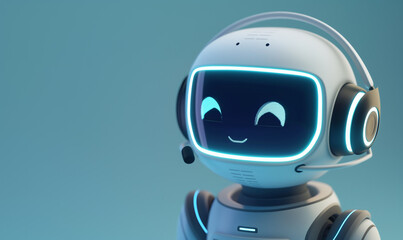 Minimalist AI call center robot with headset providing tech support on a blue background
