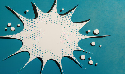 Comic-style explosion bubble with dots on blue background, copy space