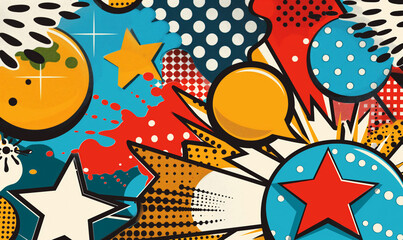 Fototapeta premium Colorful comic-style background with stars, speech bubbles, and patterns