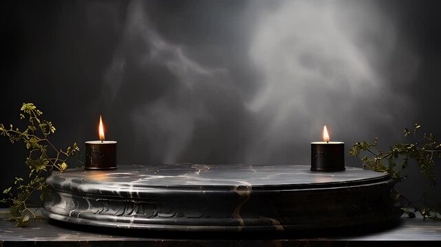 Two burning candles on marble platform with smoke