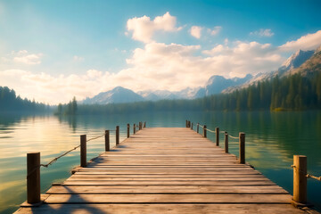Naklejka premium Wooden dock leading to a serene mountain lake